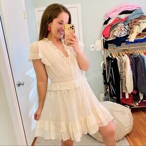 NWT Rebecca Taylor White Gold Ruffle Short Sleeve Fit Flare Mini Dress Large